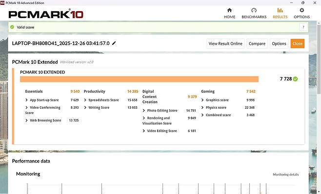 레노버 리전 고 2의 PC마크 10 테스트 결과, 라이젠 AI 9 HX 370 프로세서 기반 노트북과 유사한 성능을 낸다 / 출처=IT동아