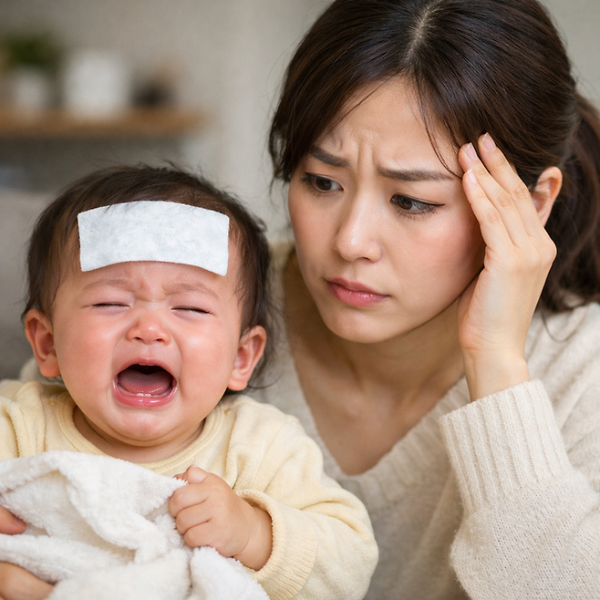 열이 나는 아기와 걱정하는 엄마의 모습 키워드로 생성AI가 만든 이미지. [챗GPT]