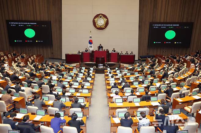 [서울=뉴시스] 고승민 기자 = 지난해 12월 26일 서울 여의도 국회에서 열린 제420회 국회(임시회) 제1차 본회의에서 인공지능의 건전한 발전과 신뢰 기반 조성을 위한 기본법을 제정하는 인공지능 발전과 신뢰 기반 조성 등에 관한 기본법안(대안)이 재석 264인, 찬성 260인, 반대 1인, 기권 3인으로 가결되고 있다. 2025.12.26. kkssmm99@newsis.com