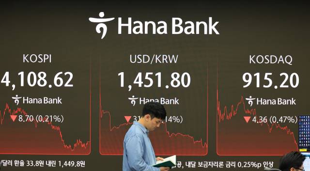 24일 서울 중구 하나은행 본점에서 직원들이 증시와 환율을 모니터하고 있다. 이날 원·달러 환율은 33.8원 내린 1449.8원으로 3년 1개월 만에 최대폭 하락했다. 코스피는 전장보다 8.70포인트(0.21%) 내린 4108.62에 거래를 마감했다. 연합뉴스