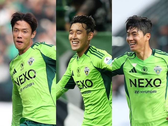 전북이 ‘정정용 시대’의 시작을 알렸으나 우승 공신들과의 동행여부가 불확실하다. 홍정호는 수원 삼성과 강하게 연결됐고, 송민규와 전진우(왼쪽부터)는 유럽 진출에 무게를 싣고 있다. 이 중 홍정호와 송민규는 이적료가 없는 FA 신분이다. 사진제공｜한국프로축구연맹