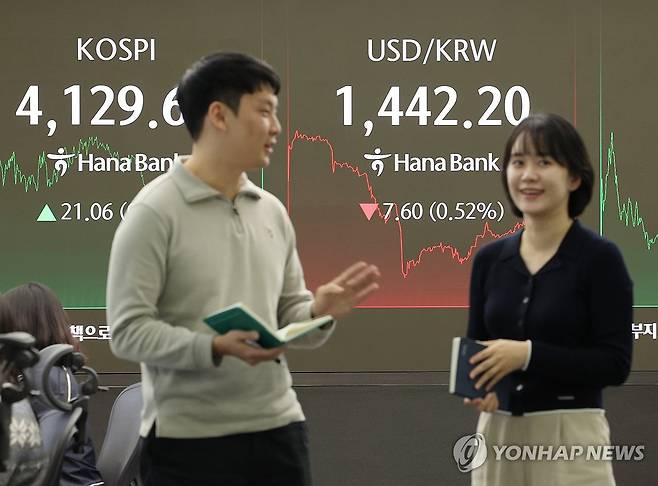 코스피 상승, 환율 하락 (서울=연합뉴스) 서명곤 기자 = 26일 서울 중구 하나은행 딜링룸에서 딜러들이 대화하고 있다. 이날 원/달러 환율은 9.5원 내린 1,440.3원 거래를 마감했다. 코스피는 전장보다 21.06포인트(0.51%) 상승한 4,129.68에 거래가 마감됐다. 2025.12.26 seephoto@yna.co.kr