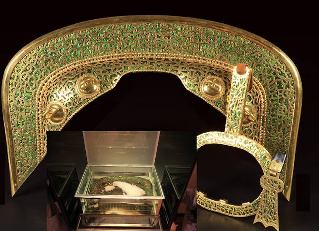 국립경주박물관에 보관된 금동 말안장 뒷가리개 장식과 발걸이 복원품. 진품은 보존 문제로 글리세린 용액 속에 보관돼 있다(아래). 국립경주박물관 제공