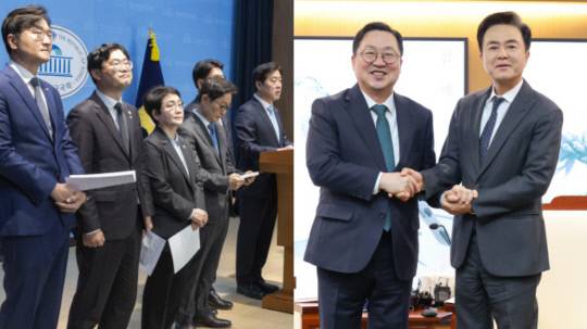대전·충남에 지역구를 둔 더불어민주당 의원들이 최근 국회 소통관에서 대전·충남 통합 관련 기자회견을 하고 있다.(왼쪽) 이장우 대전시장과 김태흠 충남도지사가 지난 24일 충남도청에서 회동을 갖고, 기념촬영을 하고 있다. 연합뉴스·대전시 제공