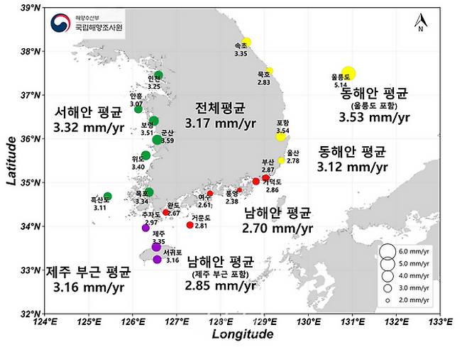 지난 36년간 지역별 해수면 상승 분포도 (해양수산부)
