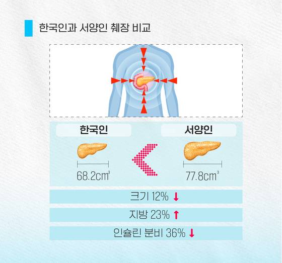 한국인은 서양인과 비교할 때 췌장 크기도 작고 인슐린 분비 능력도 떨어진다.