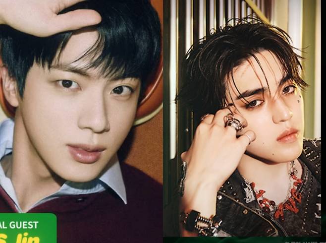 BTS 멤버 진(왼쪽)과 세븐틴 멤버 에스쿱스. 두 아티스트는 하이브 자회사 드림에이지가 제작한 '인더섬 with BTS', '퍼즐 세븐틴'을 게임하며 라이브 방송을 진행했다. 사진=유튜브 갈무리