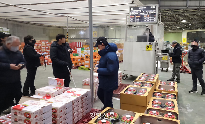 지난 12월 17일 새벽 서울 강서시장 내 강서청과 경매장에서 산청 딸기 경매가 이뤄지고 있다. 이재덕 기자