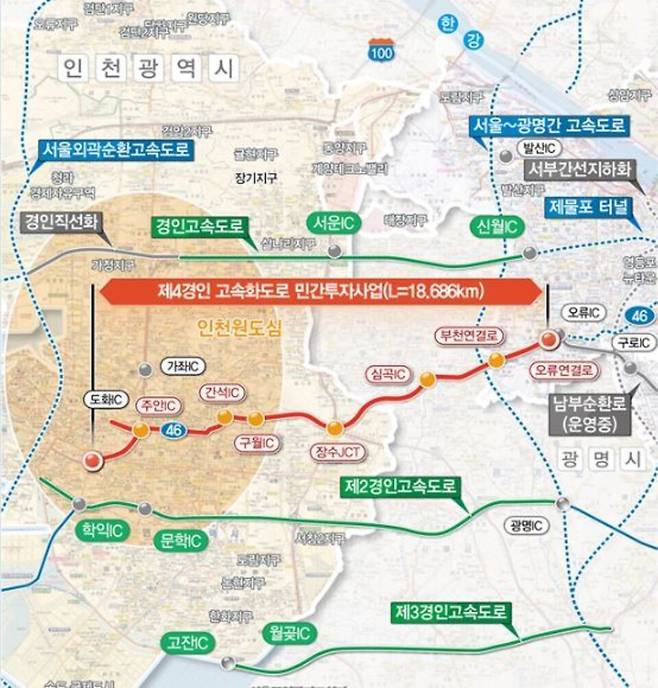 ▲&nbsp;제4경인고속화도로 민간투자사업 위치도. /자료=인천시