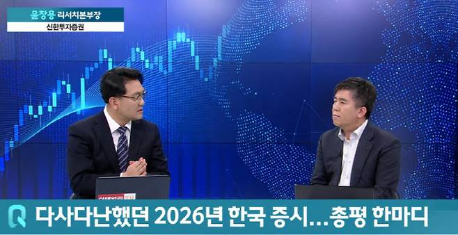 [사진=어쨌든경제 방송 캡쳐] 윤창용 신한투자증권 리서치본부장(사진 우측)이 26일 이데일리TV 어쨌든 경제 초대석에 출연해 유은길 앵커(사진 좌측)의 질문을 듣고 있다.