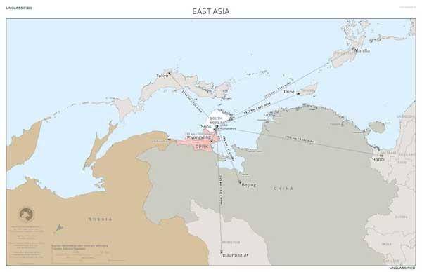 제이비어 브런슨 주한미군사령관 겸 한미연합군사령관(미 육군 대장)이 지난달 17일 "한국의 지리적 위치는 취약점이 아닌 전략적 이점"이라며 " 뒤집힌 한반도 사진을 공개했다. 사진은 주한미군이 공개한 뒤집힌 지도. 주한미군 제공