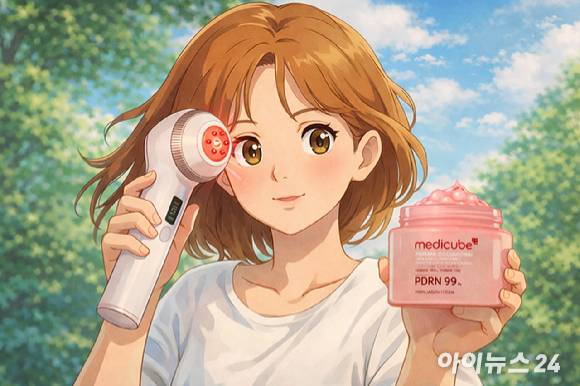 에이피알의 뷰티 디바이스와 메디큐브 제품을 사용하는 소비자 이미지. [사진=챗GPT]