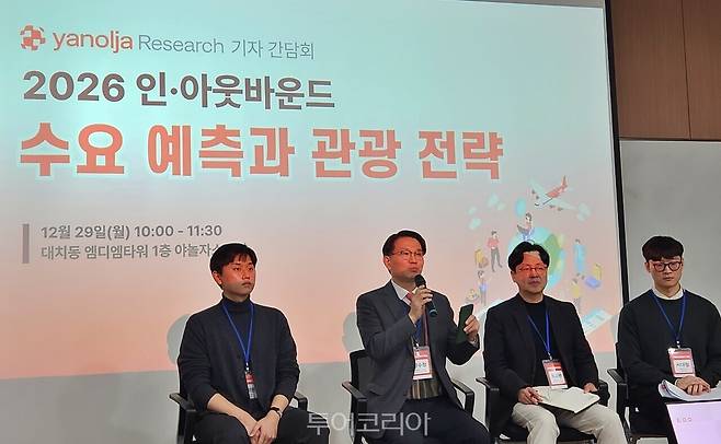 야놀자리서치가 지난&nbsp;29일 서울 대치동 MDM센터 사옥에서 '2026 인·아웃바운드 수요 예측과 관광 전략' 기자간담회를 개최했다.&nbsp;