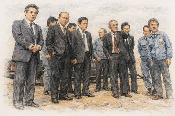 1982년 7월 이건희 선대회장과 호암 이병철 창업회장(왼쪽 세 번째부터)이 경기 용인 기흥 반도체 공장 부지를 둘러보는 장면을 챗GPT로 그린 그림. 허문명 저서 '이건희 반도체 전쟁' 참고.[사진=챗GPT]