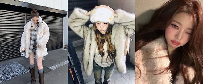 퍼 재킷을 착용한 다비치 강민경, 아이브 레이·장원영. 사진=SNS 캡처