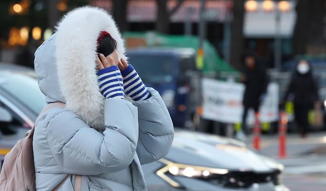 A person clad in a thick coat and gloves is seen crossing a street near Gwanghwamun Square in Jongno District, central Seoul on Dec. 30. [YONHAP]