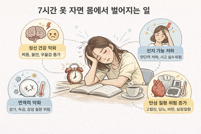 하루 7시간 미만의 수면이 반복될 경우 정신 건강 악화, 인지 기능 저하, 면역력 약화, 만성 질환 위험 증가 등 다양한 변화가 나타날 수 있다. ⓒ서울신문 뉴미디어랩