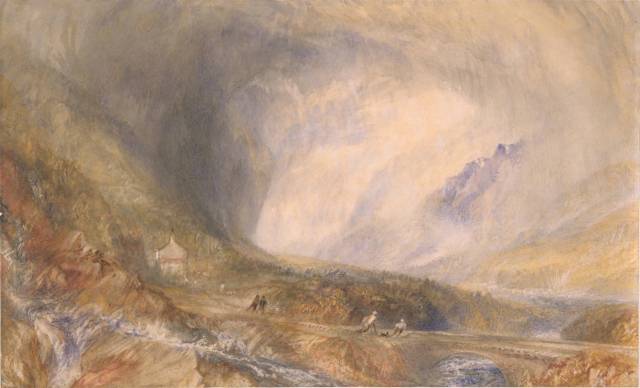 조지프 말로드 윌리엄 터너의 '스위스 성 고트하르트 고개의 폭풍'(Storm in the Pass of St Gothard, Switzerland), 1845, 수채, 불투명 수채, 스크래치. ©Wooyang Art Museum