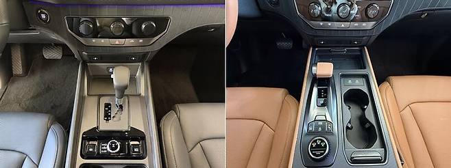 KG모빌리티의 신형 픽업 '무쏘'의 기어. 왼쪽이 디젤 엔진 기어, 오른쪽이 가솔린 엔진 기어다./이윤정 기자