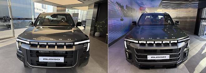 왼쪽이 무쏘, 오른쪽이 무쏘 그랜드 스타일. 그랜드스타일의 라디에이터 그릴과 범퍼가 더 좌우로 길게 뻗어 있고, 세로형 LED 안개등도 하단까지 이어진다. /이윤정 기자