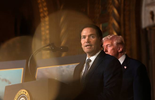 U.S. Secretary of State Marco Rubio speaks, after President Donald Trump announced the Navy's ″Golden Fleet″, at Mar-a-lago in Palm Beach, Florida, Dec. 22. [REUTERS/YONHAP]