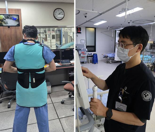 묵은해와 새해가 교차하는 시간대에 충남대병원 응급실에는 환자에게 골든타임을 지키려는 의료진들이 날을 새고 있었다.심장내과 이재환 교수(사진 왼쪽)가 오전 1시 10분 응급수술을 준비하고, 류현식 응급의학 전문의는 응급 수송환자 처치를 하고 있다. &nbsp;(사진=임병안 기자)