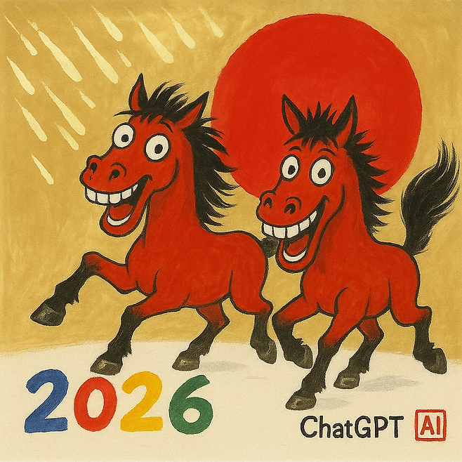 신년세화 ‘두 마리 말의 도약’. 2026년 ‘붉은 말의 해’를 맞아 익살스러운 표정의 두 마리 말을 그려 새해의 활력과 유쾌함을 담았습니다. 전통 세화가 지닌 재복 기원과 재앙 소멸의 의미를 현대적으로 재해석해, “용기 있게 나아가되 웃음을 잃지 말자”는 메시지를 전합니다. 각기 다른 자세로 도약하는 두 말은 협력과 동반자의 가치를 상징합니다. 변화무쌍한 시대를 살아가는 이들에게 작은 응원이자 희망의 상징이 되길 바랍니다. /챗지피티