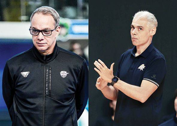 프로배구 우리카드의 첫 외국인 사령탑 마우리시오 파에스 감독(왼쪽)이 지난 30일 성적 부진으로 경질됐다. 같은 날 레오나르도 아폰소 KB손해보험 감독도 지휘봉을 내려놨다.   우리카드, KB손해보험 제공