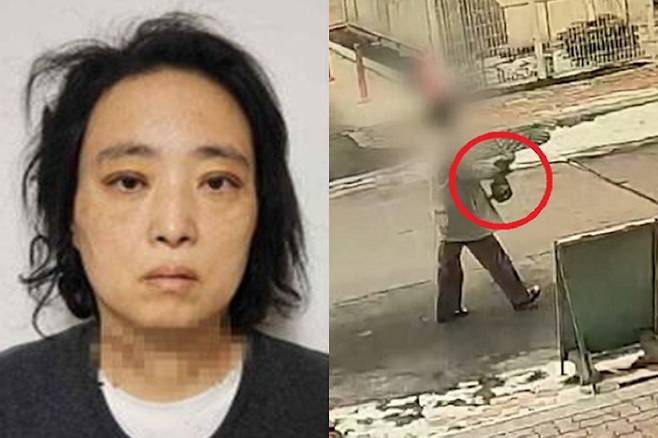 명재완 머그샷. 오른쪽은&nbsp;지난해 2월10일 오후 1시30분쯤 대전 서구의 한 초등학교 인근 마트에 들러 흉기를 구입한 뒤 검은 봉지에 들고 나오는 명재완의 모습. 대전경찰청 제공·JTBC 보도화면 캡처