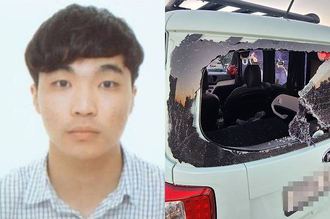 장형준 머그샷. 오른쪽은 지난해 7월28일 울산의 한 병원 주차장에서 장형준이&nbsp;도주를 시도하려 탑승한 차량 유리가 시민들에 의해 깨져 있는 모습.&nbsp;울산지검 제공·연합뉴스