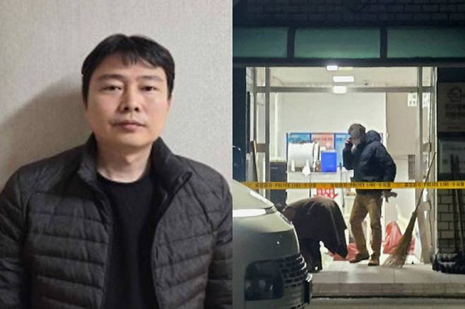 양민준 머그샷. 오른쪽은 지난달 4일 천안의 한 아파트에서 층간소음으로 다투던 이웃 주민을 살해한 사건 현장에 폴리스 라인이 설치된 모습.&nbsp;충남경찰청 제공·뉴스1