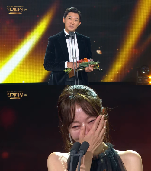 ‘2025 KBS 연기대상’ 공동 대상을 수상한 안재욱(위)과 엄지원. 방송 화면