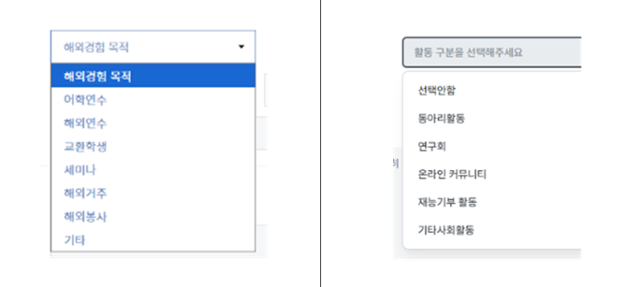 대부분의 스펙 기재란은 검색란뿐만 아니라 펼침 메뉴 기능을 제공하여 외국어, 해외경험, 봉사, 대내외활동 등 과도한 정보를 구직자에게 요구하고 있었다. 교육의봄 제공