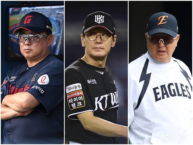 김태형 롯데 감독, 이강철 KT 감독, 김경문 한화 감독(왼쪽부터)이 계약 마지막 시즌을 앞두고 있다. 스포츠동아DB·한화 이글스 제공