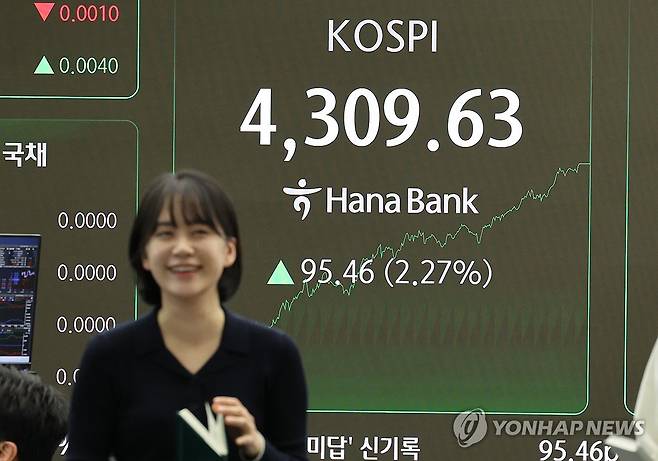 코스피 활짝 (서울=연합뉴스) 서명곤 기자 = 2026년 첫 거래일인 2일 서울 중구 하나은행 딜링룸에서 한 딜러가 활짝 웃고 있다. 이날 코스피는 전장보다 95.46포인트(2.27%) 급등한 4,309.63으로 장을 마쳤다. 2026.1.2 seephoto@yna.co.kr