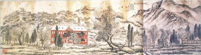 국어교사 송태회가 그린 1928년 고창고보 부근 풍경. 비단에 채색을 하였는데, 1925년 신축한 2층 붉은 벽돌 본관 건물이 선명하다. 교장 양태승이 대구 계성학교로 초빙되어 떠나자 선물한 그림이다. 그림 오른편 상단에 "무진년(1928) 가을 양태승을 위해 모양성 아래 우사에서 그렸다(高敞高等普通學校 附近 風景, 戊辰秋日 爲梁泰承君寫 牟陽城下 寓舍 念齋 宋泰會)."라는 글귀가 보인다.(양태승 교장 손자 양형렬 소유)