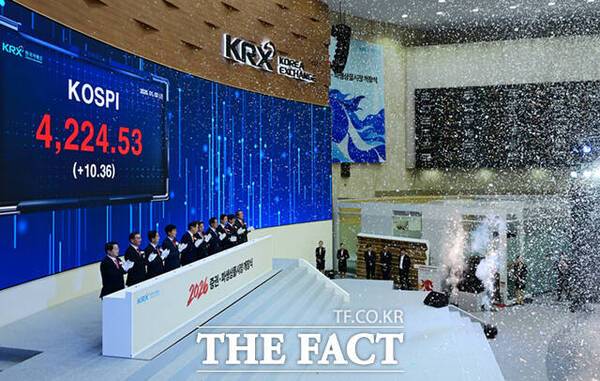 이억원 금융위원장, 이찬진 금융감독원장, 정은보 한국거래소 이사장 등 금융 기관 수장들이 지난 2일 오전 서울 영등포구 여의도 한국거래소 서울 사옥에서 열린 '2026년도 증권·파생상품시장 개장식'에서 개장 직후 손뼉을 치고 있다. /이새롬 기자