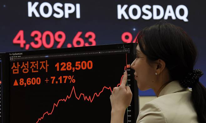 2일 서울 영등포구 한국거래소 전광판에 지수가 표시 되고 있다. 뉴시스