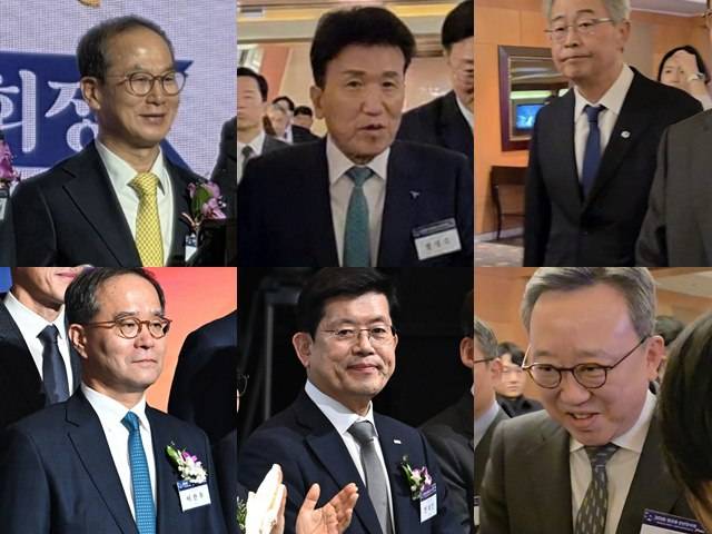 2026년 병오년(丙午年)을 맞이하며 금융지주 회장들이 한자리에 모여 신년 인사를 나눴다. (왼쪽부터 차례대로) 양종희 KB금융 회장, 함영주 하나금융 회장, 임종룡 우리금융 회장, 이찬우 농협금융 회장, 빈대인 BNK금융 회장, 정상혁 신한은행장. /을지로=이선영 기자·박헌우 기자