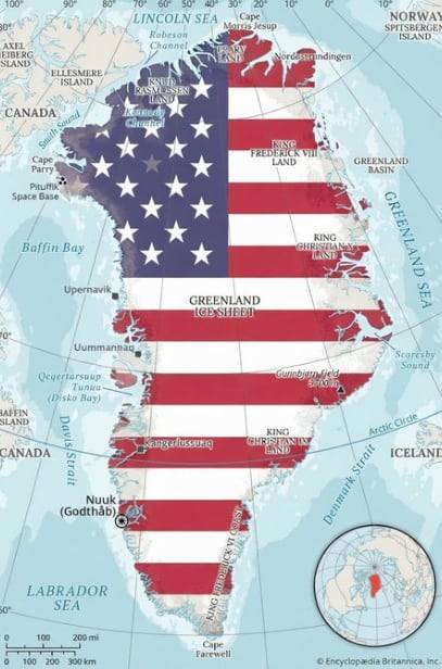 백악관 부비서실장 아내가 X에 "곧(SOON)"이라는 말과 함께 올린 그린란드 지도. 성조기가 덮여져 있다. /X