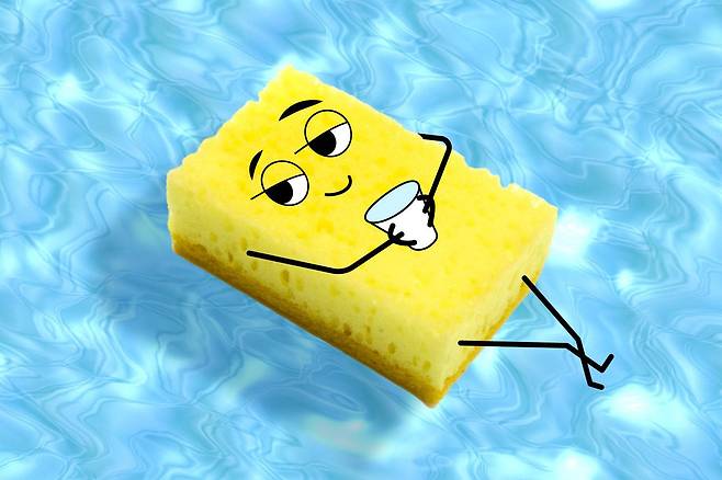 욕조 위에 떠 있는 스펀지를 캐릭터화한 일러스트. 자취·1인 가구에서 흔히 사용하는 청소용 스펀지를 친숙하게 표현했지만, 사용 과정에서 미세플라스틱이 발생할 수 있다는 점을 환기하는 상징적 이미지다. 게티이미지뱅크