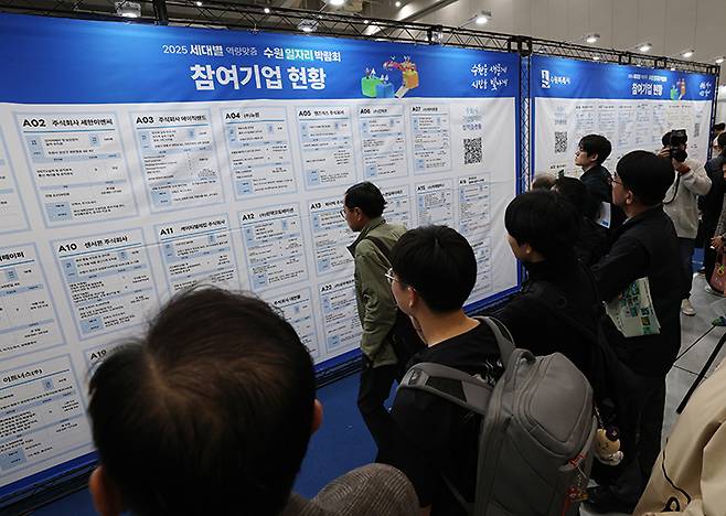 경기 수원시 영통구 수원컨벤션센터에서 열린 '2025 수원 일자리박람회'에서 구직자들이 참여기업 현황판을 살펴보고 있다. 2025.4.9 (ⓒ뉴스1, 무단 전재-재배포 금지)