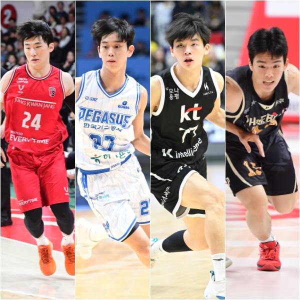 2025년 프로농구를 휘젓고 다니는 신인 가드인 문유현(왼쪽부터), 양우혁, 강성욱, 김건하. KBL 제공