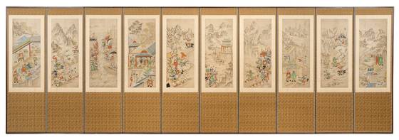 10폭 병풍 형식으로 역사적 사건과 인물을 그려낸 조선 후기의 중요한 그림인 삼국지연의도. 삼국지에 등장하는 적토마는 여포와 관우가 탔던 붉은색 명마로 유명했다. 국립민속박물관