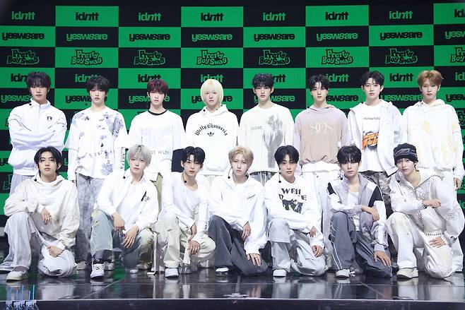 Idntt poses for a group photo during a media showcase held at Blue Square Sol Travel Hall in Yongsan-gu, central Seoul, Monday. (Modhaus)