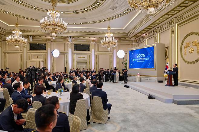 President Lee Jae Myung delivers a New Year’s address at a reception at the Blue House in Seoul on Jan. 2. [THE BLUE HOUSE]