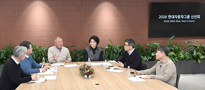 Euisun Chung, executive chair of Hyundai Motor Group, third from left, delivers a New Year’s message to group employees at the group’s 2026 New Year gathering on Jan. 5. From left are Sung Kim, president and head of the Strategy and Planning Division; Jang Jae-hoon, group vice chair; Chung; Kim Hae-in, executive vice president and head of Corporate HR; Song Ho-Sung, CEO of Kia Corporation; and Lee Gyu-suk, CEO of Hyundai Mobis. [HYUNDAI MOTOR GROUP]