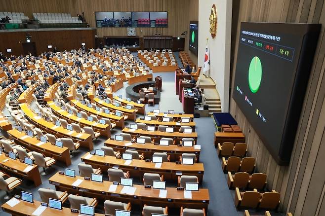 지난달 24일 국회에서 열린 12월 임시국회 본회의에서 정보통신망법 개정안이 더불어민주당 주도로 처리되고 있다. 연합뉴스