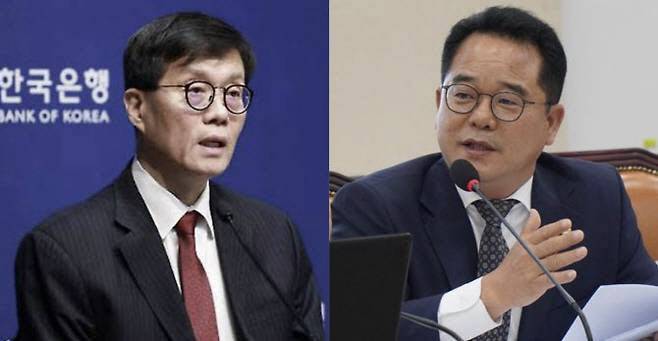 Rhee Chang-yong, Governor of the Bank of Korea and Min Byung-duk, a Democratic Party lawmaker on the National Assemblys Political Affairs Committee