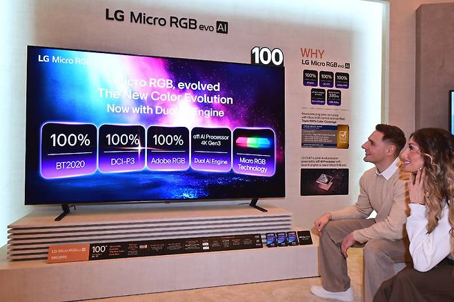 LG전자가 4일(현지시각) 미국 라스베이거스 퐁텐블루 호텔에서 진행한 CES 2026 TV 신제품 공개 행사 ‘더 프리뷰’에서 모델들이 유기발광다이오드(OLED) 기술을 접목한 ‘마이크로 RGB TV’를 보고 있다./LG전자
